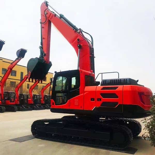 HIXEN excavator, compact red construction machinery with tracked undercarriage, ideal for building and demolition projects, showcasing durability and versatility in heavy-duty applications.