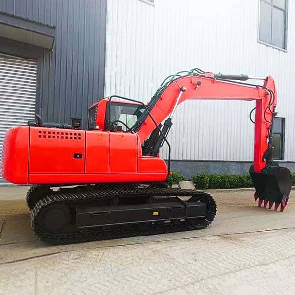 Compact HIXEN excavator with a red and black design, suitable for construction and demolition projects, featuring durable tracks and a versatile digging bucket.
