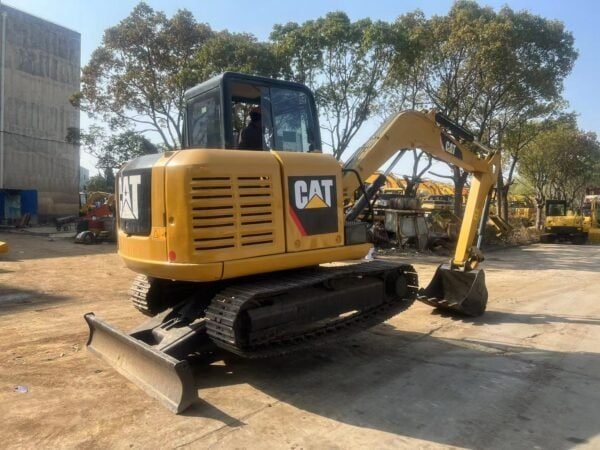 Caterpillar HIXEN excavator parked on construction site, featuring compact design, durable tracks, and hydraulic arm, ideal for earthmoving and construction projects.